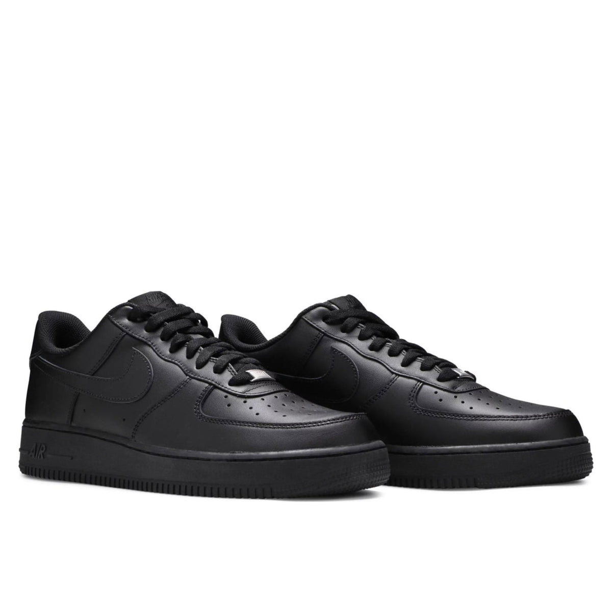 Pair of all-black Nike Air Force 1 low-top sneakers, shown from the front and side.