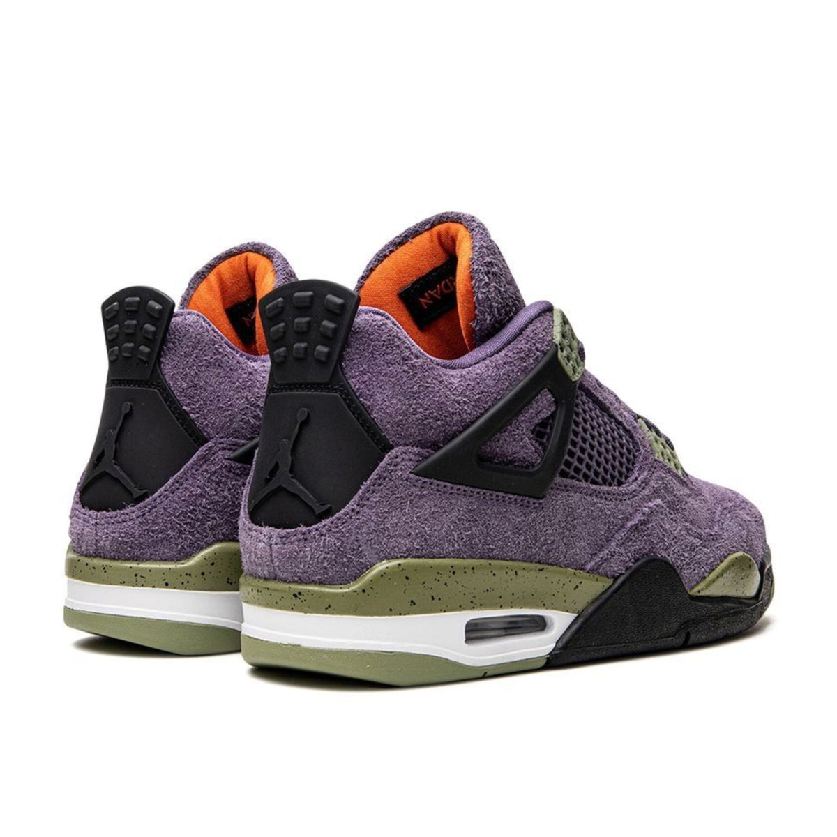 Purple and black Air Jordan 4 sneakers with orange lining, shown from the rear and side.