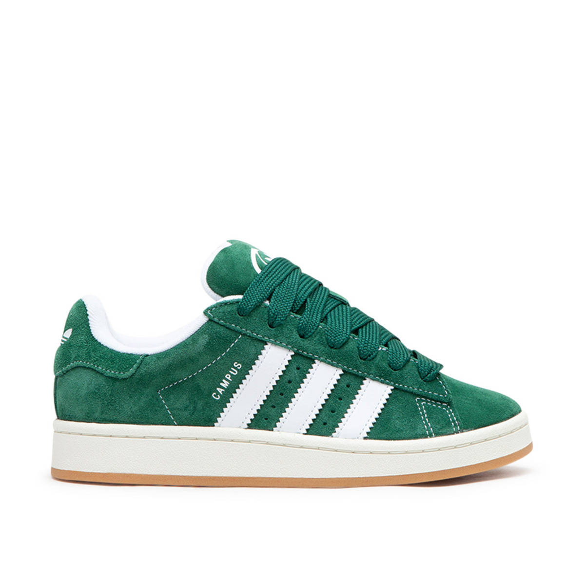 Green adidas Campus sneaker with white stripes and a gum outsole, shown from the side.