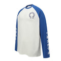 Chrome Hearts Long-Sleeve T-Shirt – Blue Raglan: A long-sleeve T-shirt with a light body, blue raglan sleeves and contrasting sleeve lettering