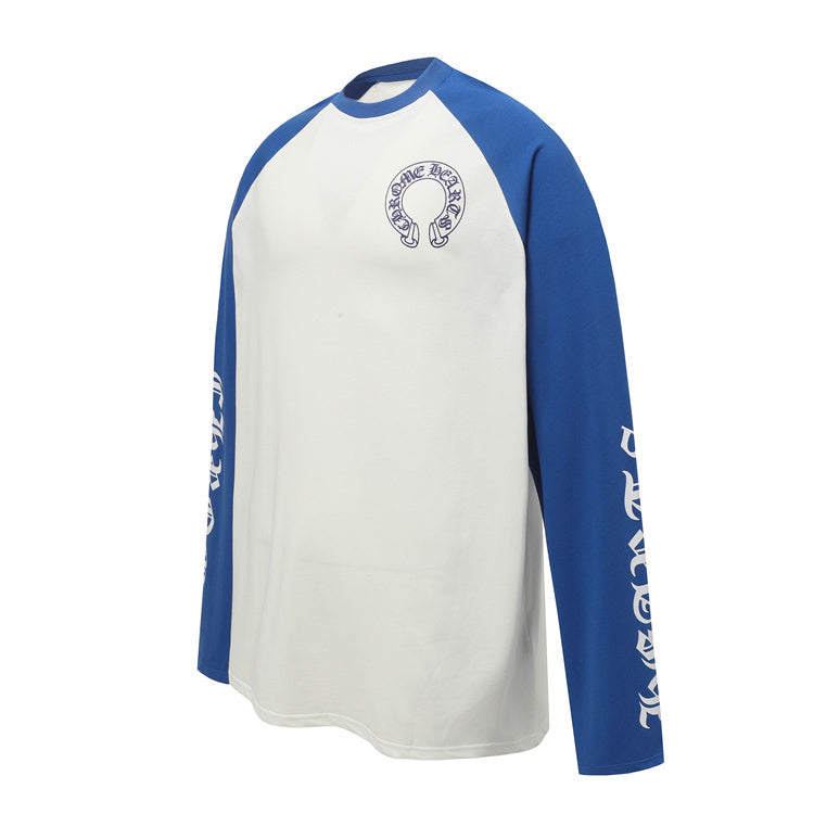 Chrome Hearts Long-Sleeve T-Shirt – Blue Raglan: A long-sleeve T-shirt with a light body, blue raglan sleeves and contrasting sleeve lettering