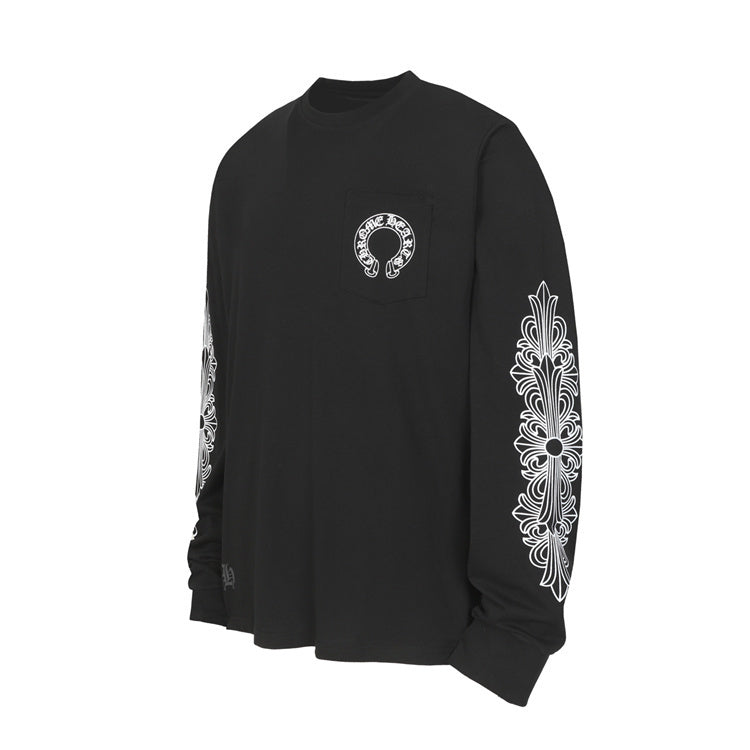 Chrome Hearts Long-Sleeve Sleeve Graphic T-Shirt: A black long-sleeve T-shirt with a large contrasting motif along the sleeve