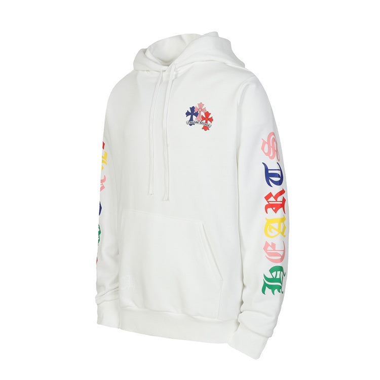 Chrome Hearts Multicolour Graphic Hoodie – White: A white pullover hoodie with a small chest emblem and multicoloured sleeve graphics