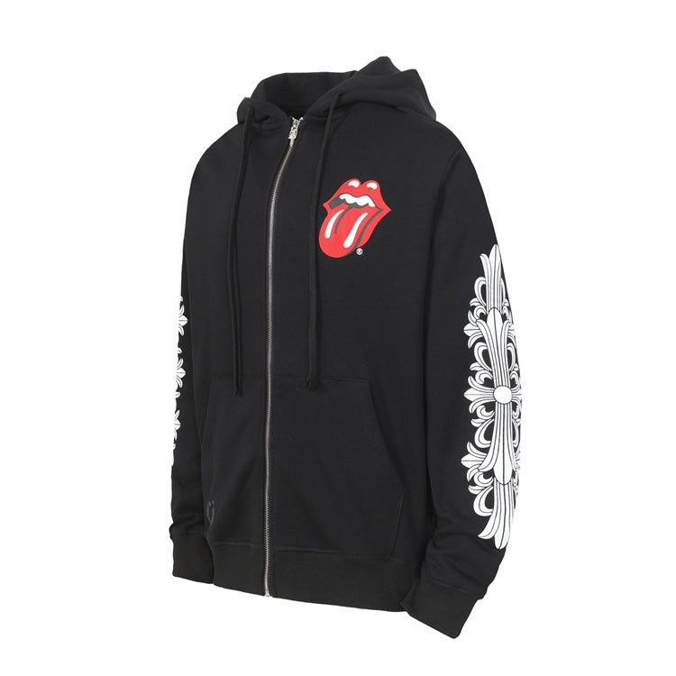 Chrome Hearts Tongue Graphic Zip Hoodie: A zip-up hoodie with a red tongue graphic on the chest and contrasting sleeve artwork