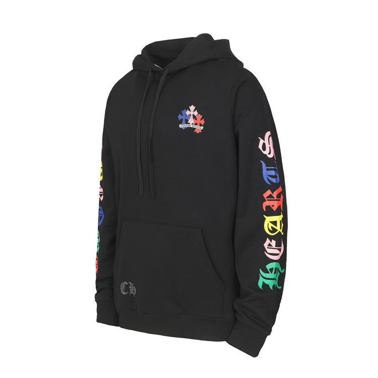 Chrome Hearts Multicolour Graphic Hoodie – Black: A black pullover hoodie with a chest emblem and multicoloured sleeve graphics