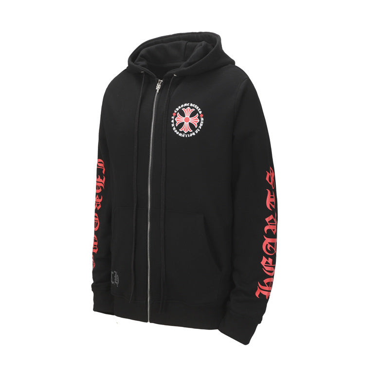 Chrome Hearts Graphic Zip Hoodie – Black: A black zip-up hoodie with a circular chest emblem and red sleeve lettering