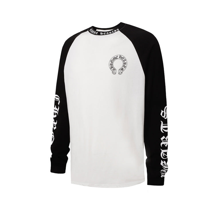 Chrome Hearts Long-Sleeve T-Shirt – Black Sleeve Print: A long-sleeve T-shirt with a light body, black sleeves and contrasting sleeve lettering