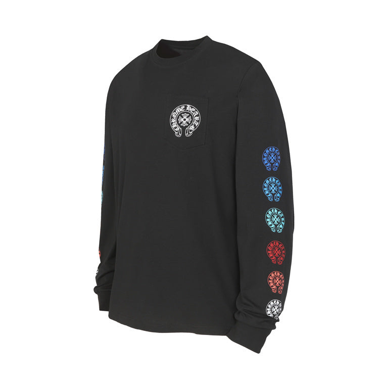 Chrome Hearts Long-Sleeve Multicolour Graphic T-Shirt: A long-sleeve T-shirt with a chest emblem and multicoloured motifs down the sleeve