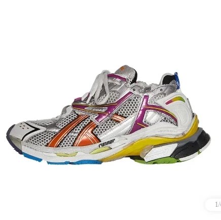 Balenciaga Runner Sneakers – Multicolour: Layered sneakers combining silver-grey panels with colourful accents and a sculpted sole