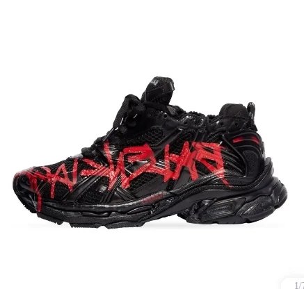 Balenciaga Runner Sneakers – Black & Red: Black layered sneakers with bold red lettering across the side