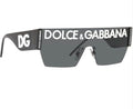 Dolce & Gabbana Shield Sunglasses: Dark shield-style sunglasses with prominent Dolce & Gabbana lettering across the brow