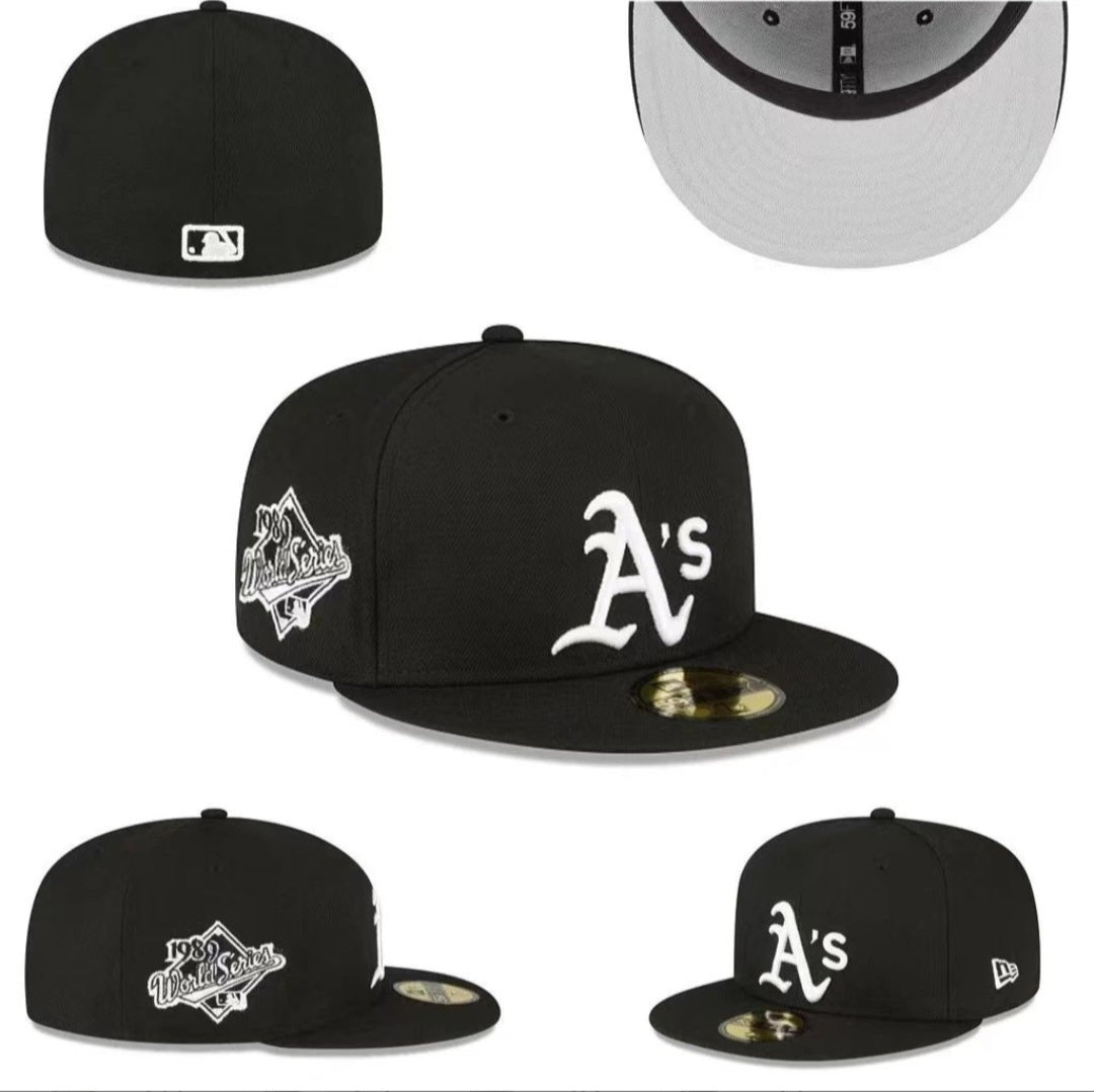 New Era A’s Fitted Cap – Black: A black A’s fitted cap with a flat peak and contrasting embroidery