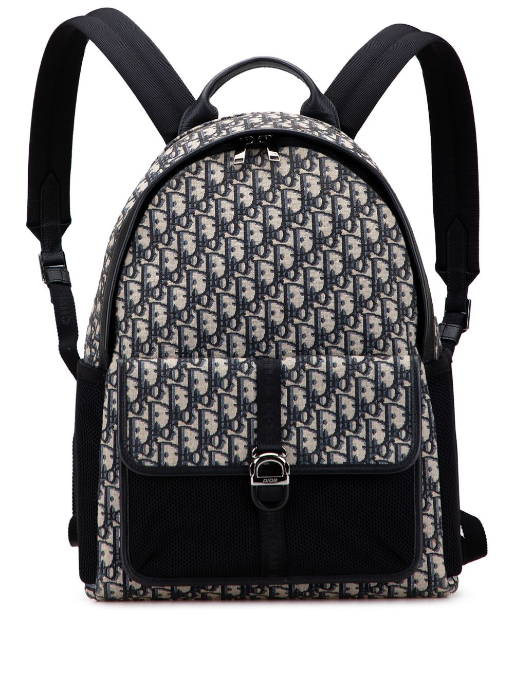 Dior Backpack: A black-and-grey patterned backpack with dark trim, a top handle and shoulder straps