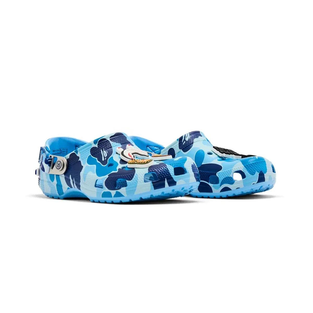 BAPE Camo Clogs: Clogs with a blue camouflage pattern, ventilated upper and heel strap
