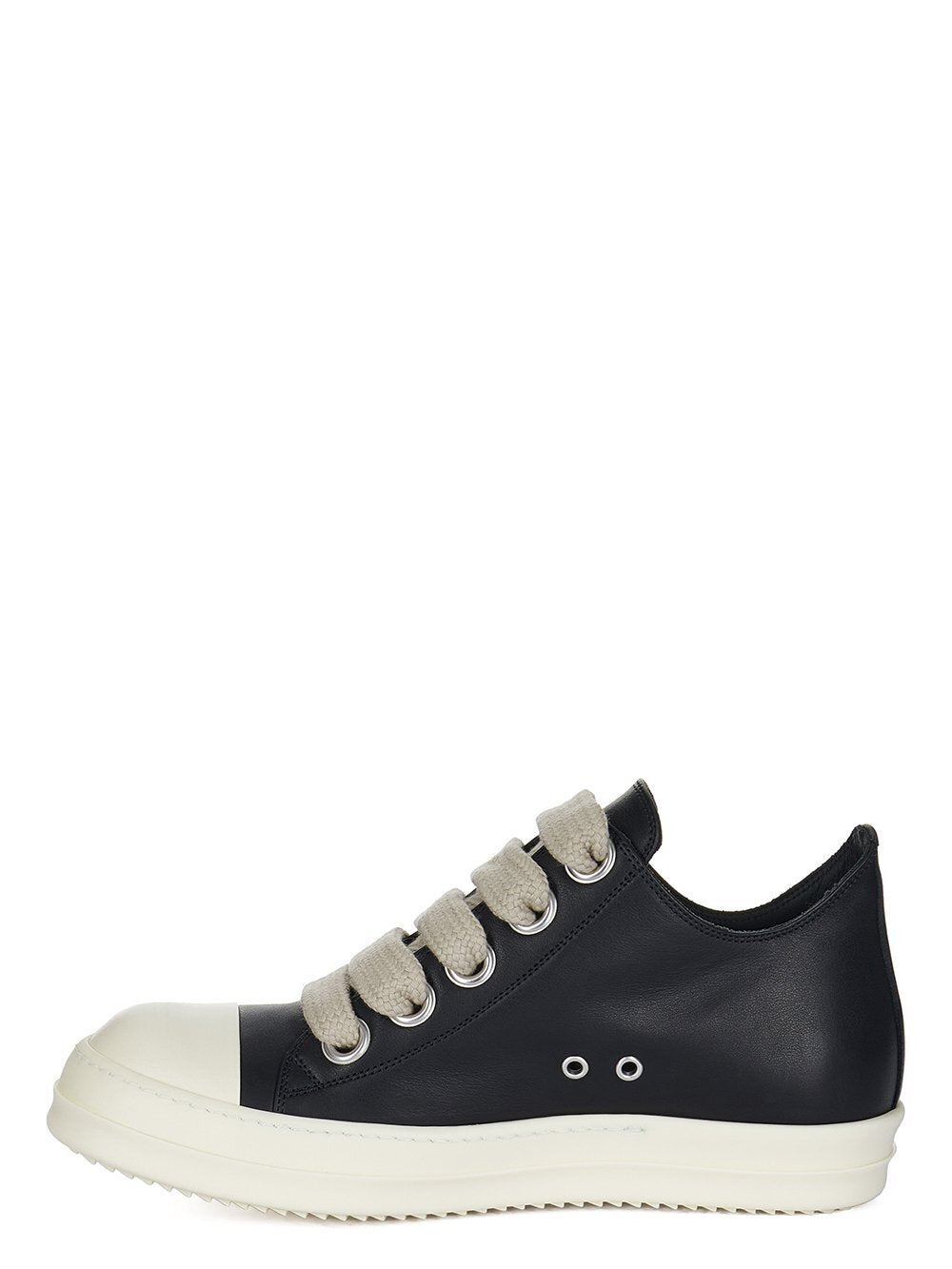 Rick Owens Low-Top Sneakers: Black low-top sneakers with large light-coloured laces, a contrasting toe cap and a light sole