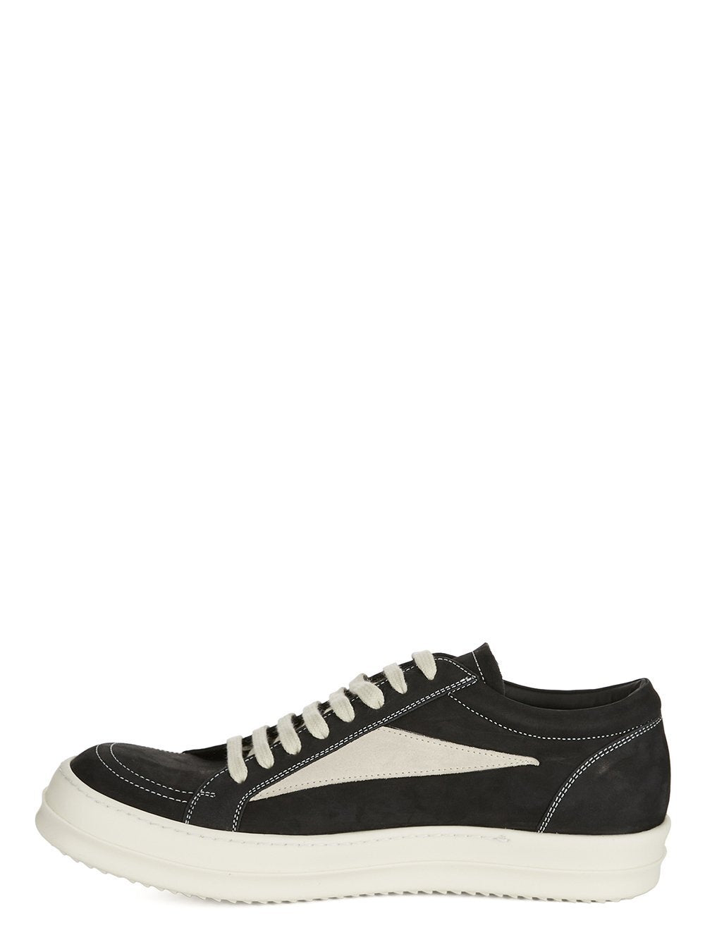 Rick Owens Panelled Low-Top Sneakers: Dark low-top sneakers with a contrasting light side panel, matching laces and a light sole