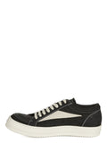 Rick Owens Panelled Low-Top Sneakers: Dark low-top sneakers with a contrasting light side panel, matching laces and a light sole