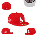 New Era LA Fitted Cap – Red: A red fitted cap with a white LA emblem, flat peak and embroidered side detail