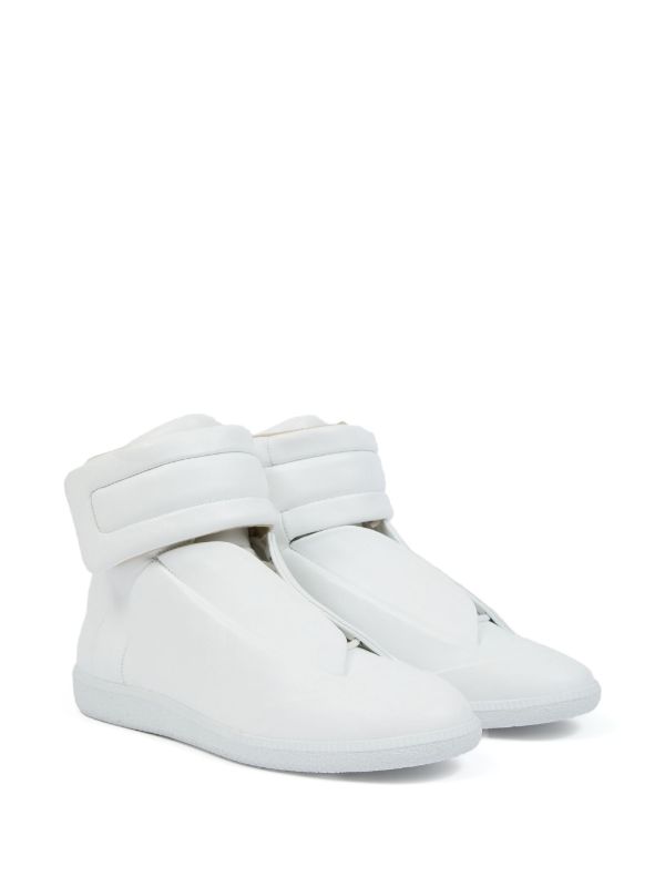 Maison Margiela Future Sneakers – White: A white high-top silhouette with a wide ankle strap and smooth, minimal panels