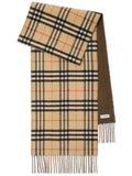 Burberry Check Scarf: A scarf with a beige, black, white and red check pattern and fringed ends