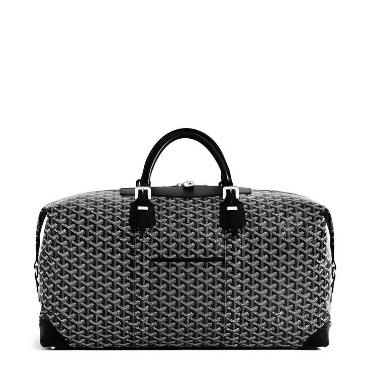 Goyard Duffel Bag: A patterned duffel bag with dark trim and two top handles