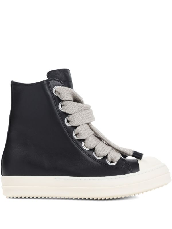 Rick Owens High-Top Sneakers: Black high-top sneakers with oversized light-coloured laces, a contrasting toe cap and a light sole
