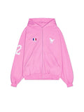 Balenciaga Zip-Up Hoodie – Pink: A pink hooded sweatshirt with a full-length front zip, front pockets and small chest graphics