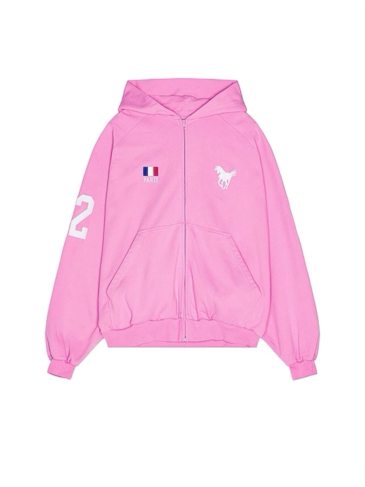Balenciaga Zip-Up Hoodie – Pink: A pink hooded sweatshirt with a full-length front zip, front pockets and small chest graphics