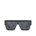 Louis Vuitton Shield Sunglasses: Shield-style sunglasses with a broad dark lens and a monogram pattern across the front