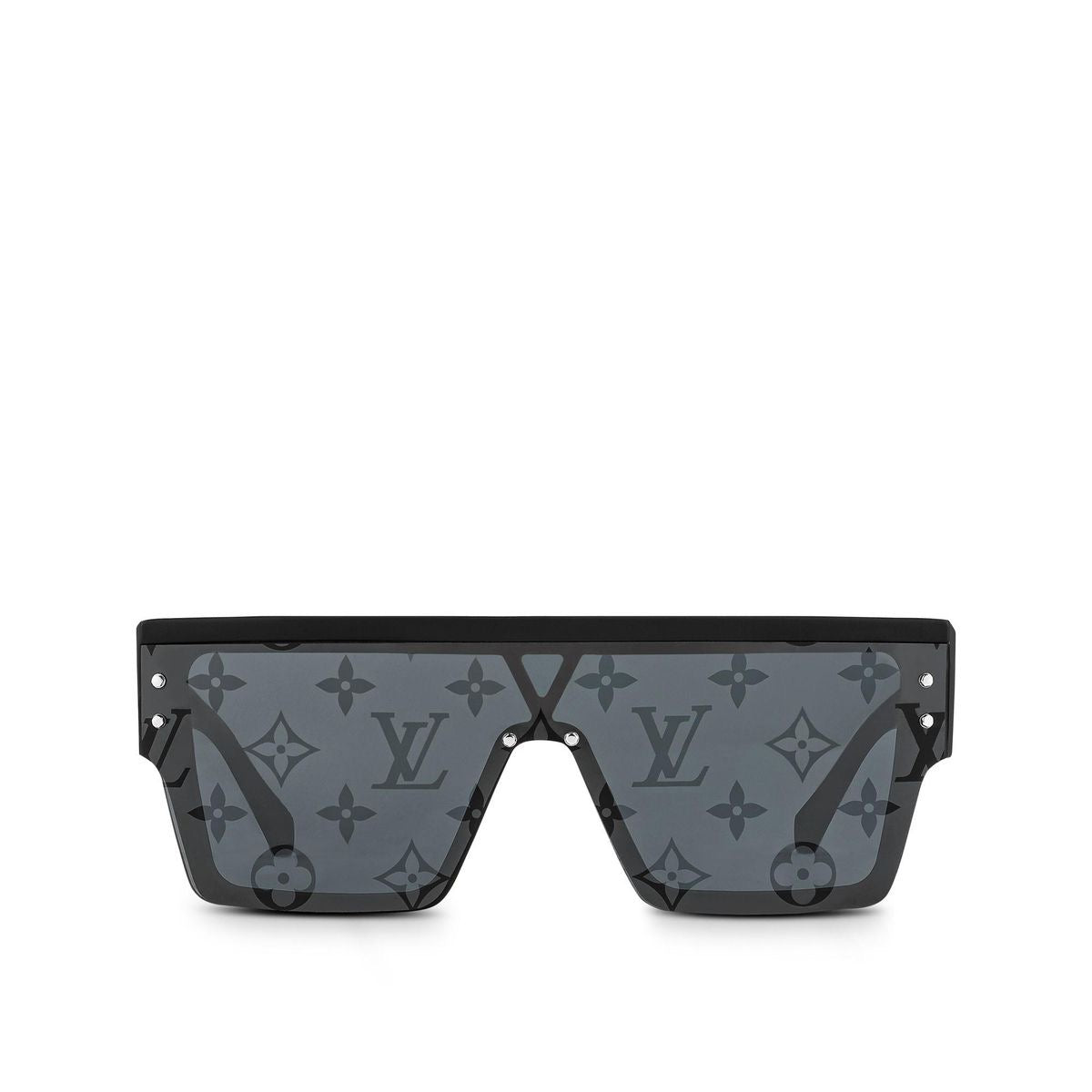 Louis Vuitton Shield Sunglasses: Shield-style sunglasses with a broad dark lens and a monogram pattern across the front
