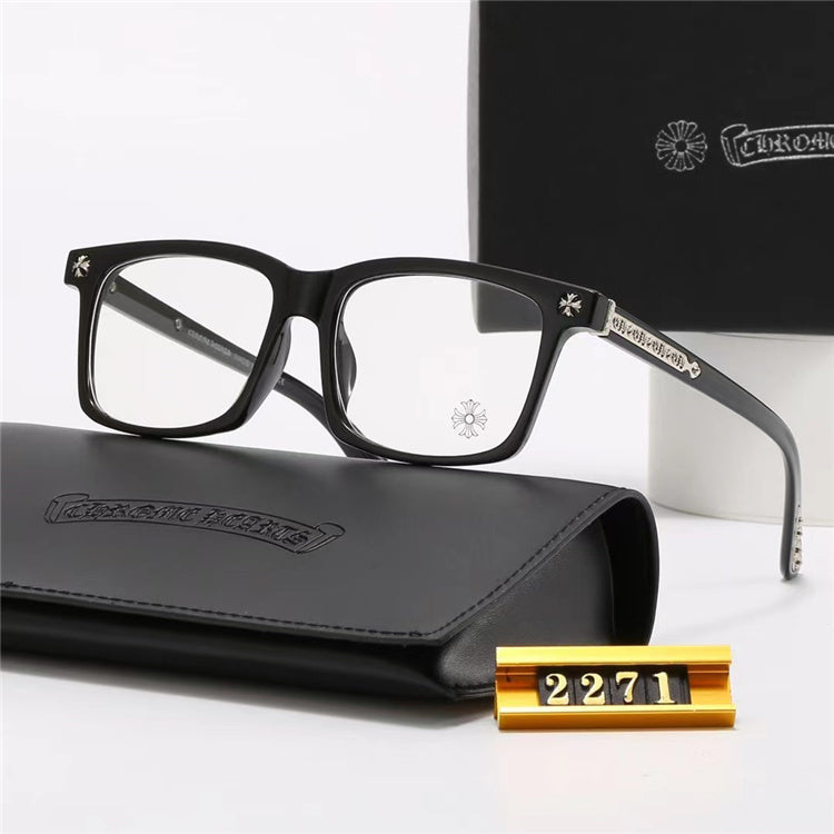 Chrome Hearts Eyeglasses – Square Frame: Square-shaped eyeglass frames with a dark front and decorative metal details