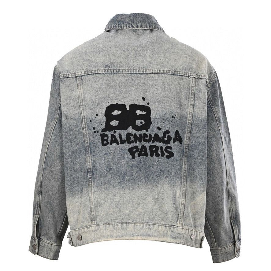 Balenciaga Denim Jacket: A denim jacket with a large back logo graphic and a washed appearance
